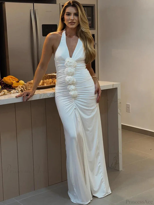 Backless 3D Flowers White Vacation Dress White / S vacationdress-250223