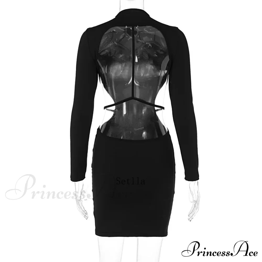 Backless Bandage Long Sleeve Black Mini Dress