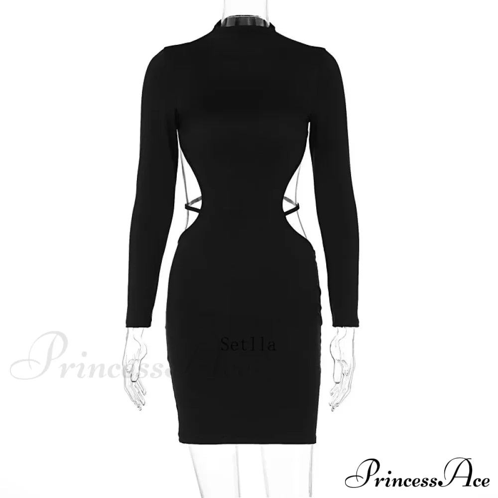 Backless Bandage Long Sleeve Black Mini Dress