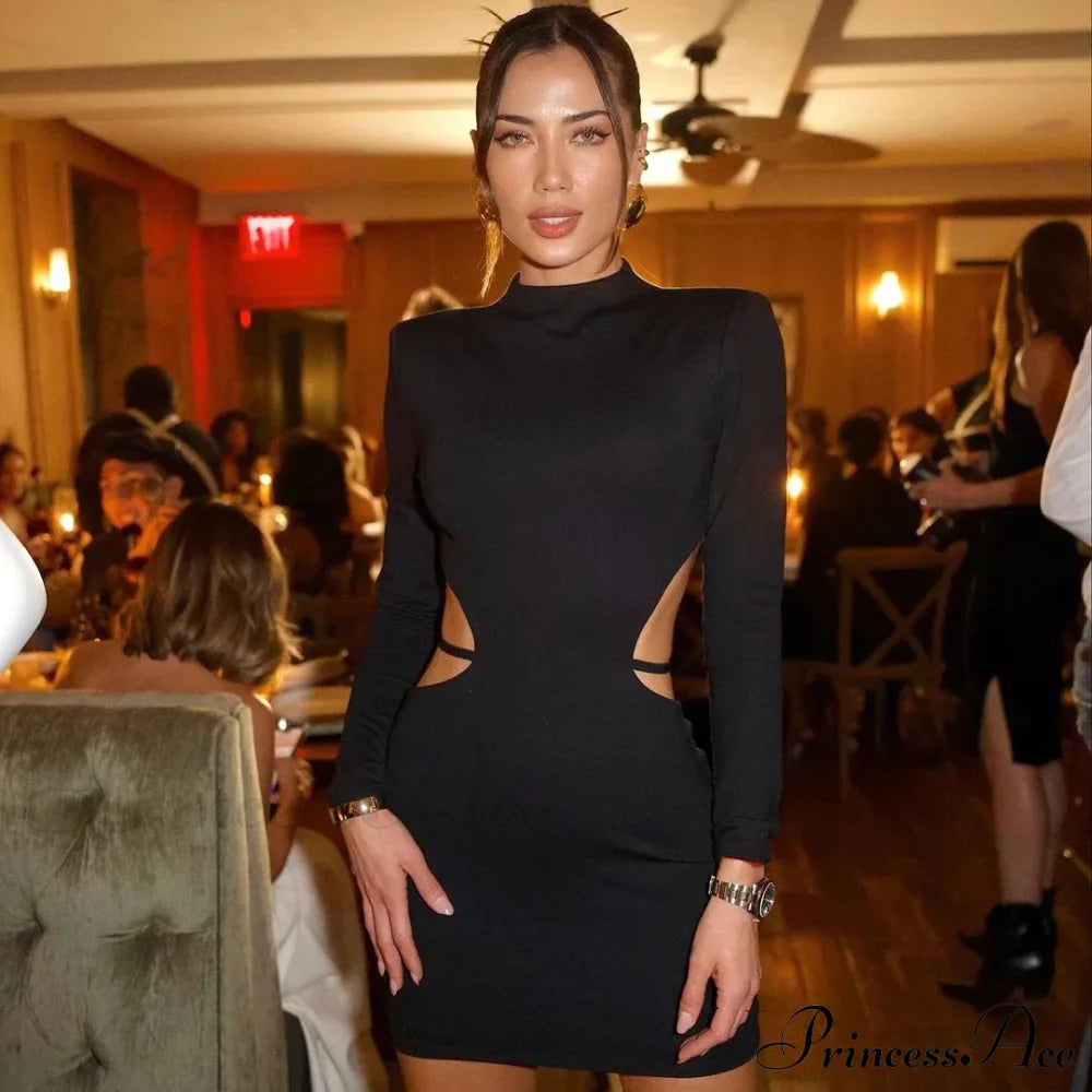 Backless Bandage Long Sleeve Black Mini Dress / S