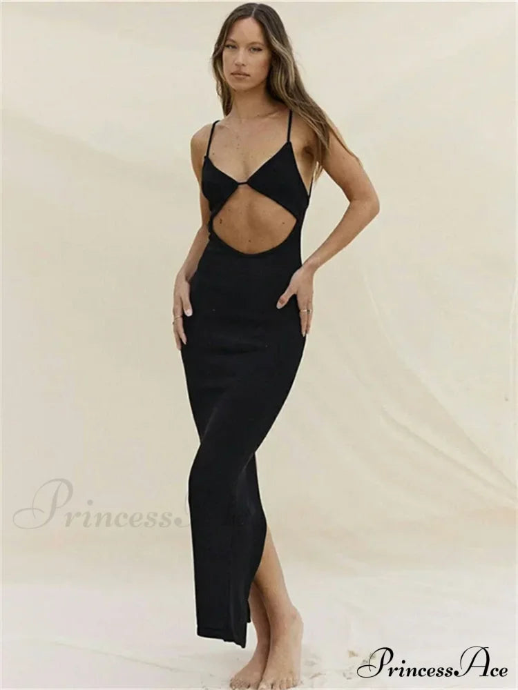 Backless Beach Elegant Party Sleeveless V Neck Cutout Mini Sun Sexy Split Wrap Maxi Dress Black / S