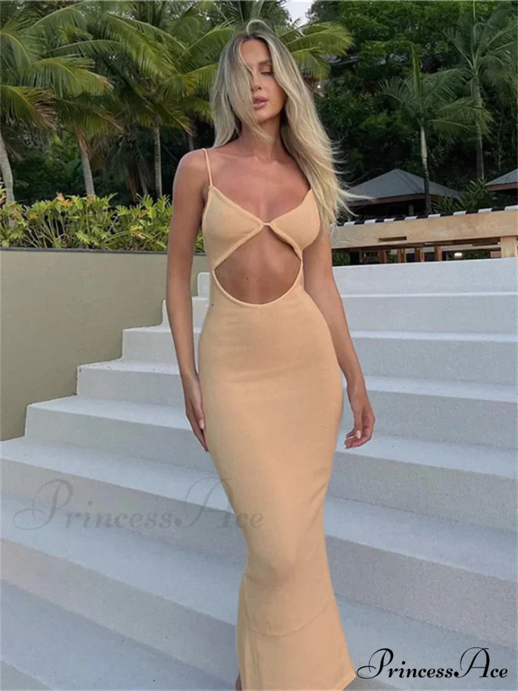 Backless Beach Elegant Party Sleeveless V Neck Cutout Mini Sun Sexy Split Wrap Maxi Dress Khaki / S