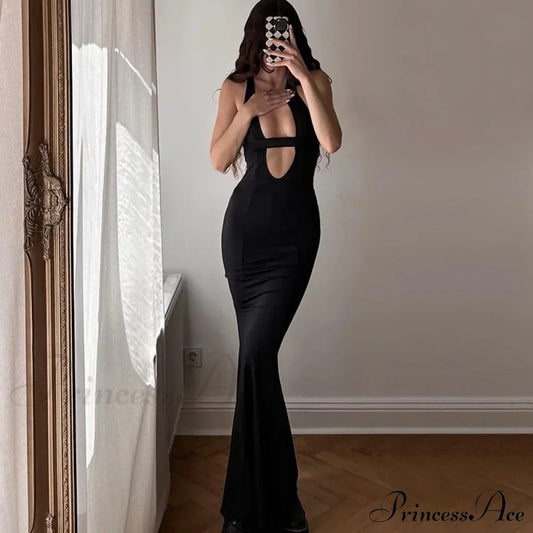 Backless Cut Out Mermaid Maxi Dress Black / S