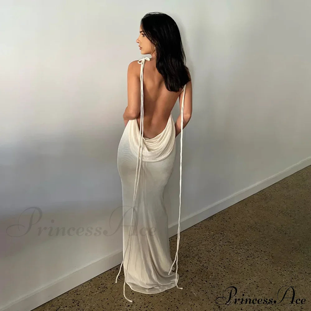 Backless Draped Maxi Dress Beige / S