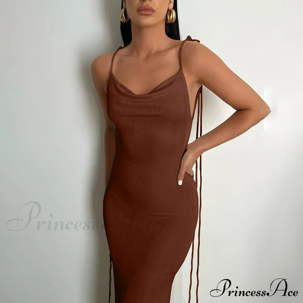 Backless Draped Maxi Dress Brown / S