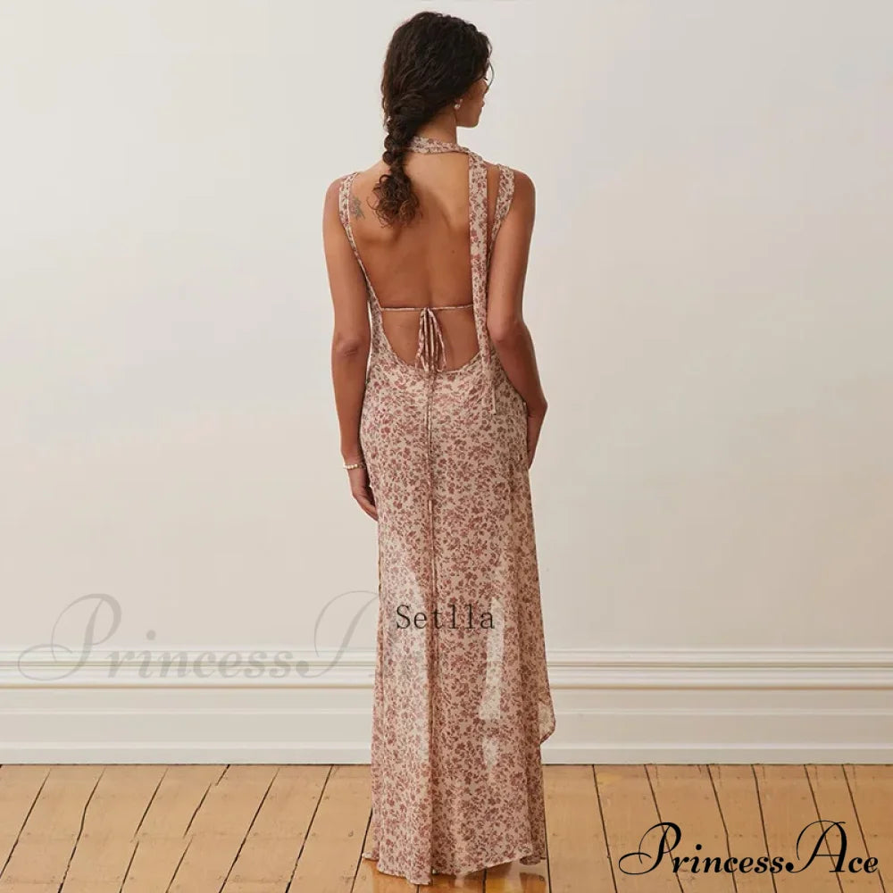 Backless Floral Print Birthday Vestido Maxi Dress