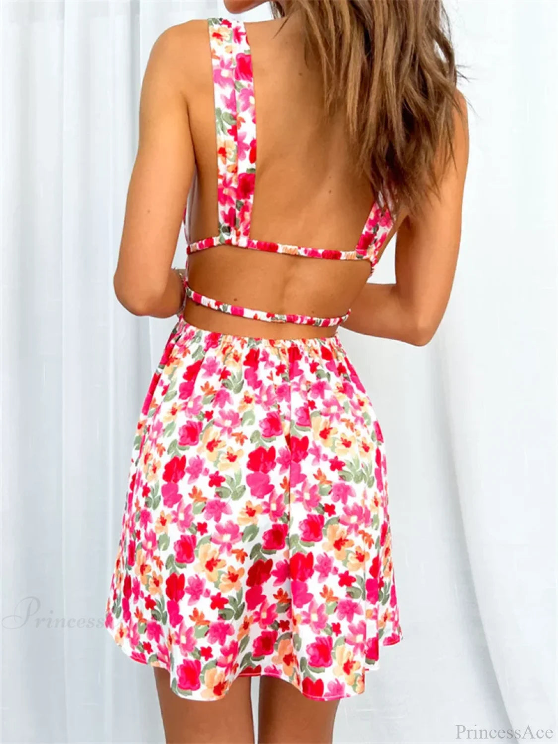 Backless Flower Print Sleeveless Deep V Mini A-Line Floral Dress floraldress-250126