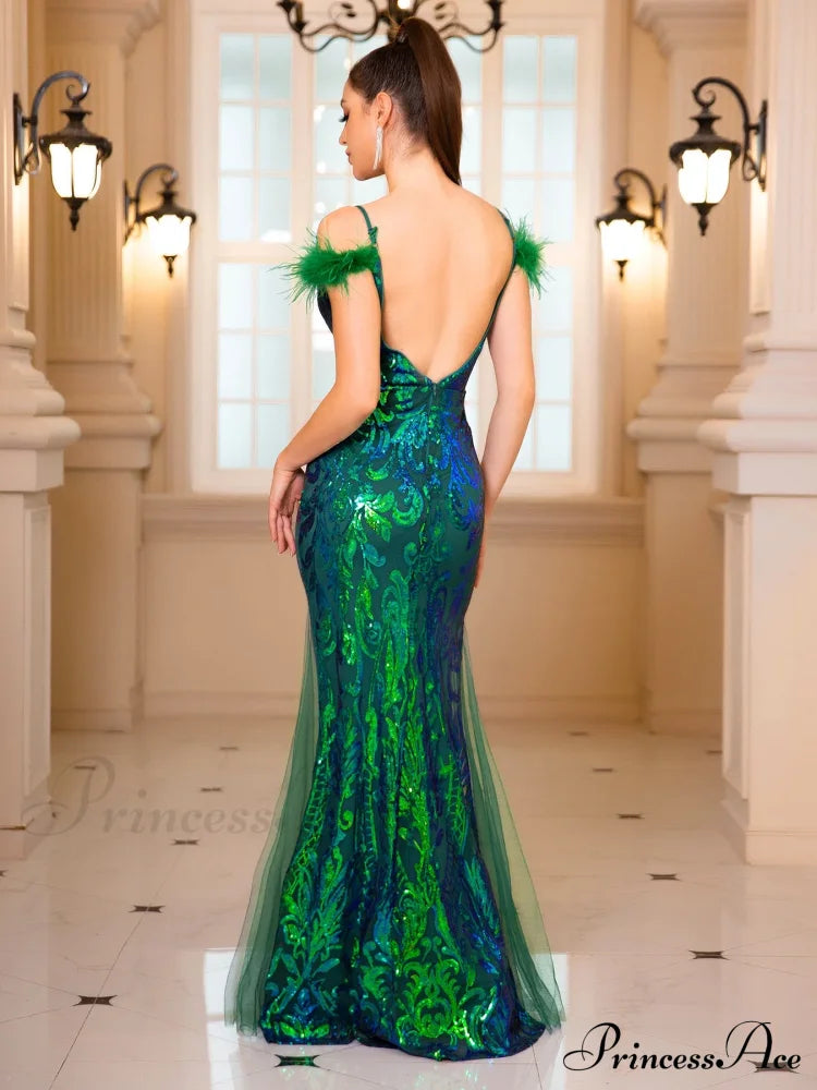 Backless Green Sequin Party Dress Partydress-241208