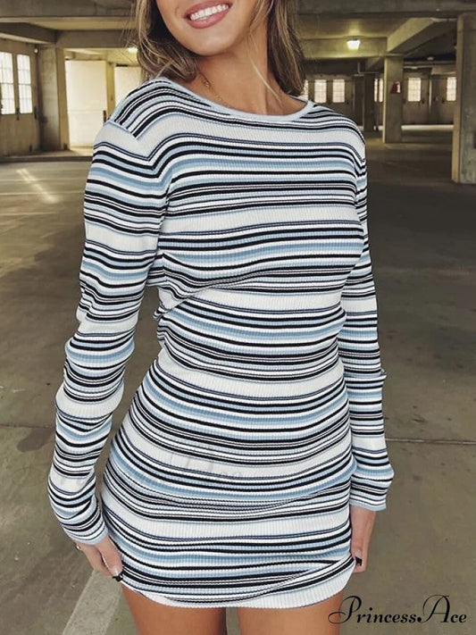 Backless Long Sleeve Trendy Striped Knit Mini Dress Blue / S Dresses