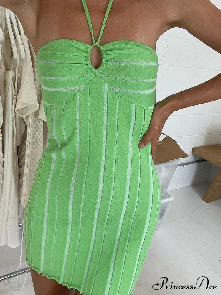 Backless Neck Sleeveless Knitted Mini Dress Green / S