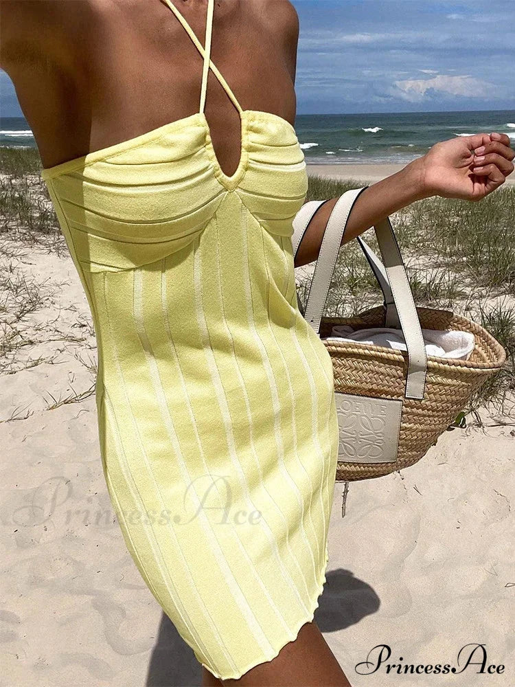 Backless Neck Sleeveless Knitted Mini Dress Yellow / S