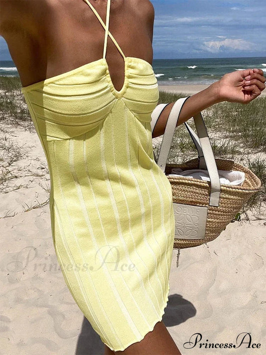 Backless Neck Sleeveless Knitted Mini Dress Yellow / S