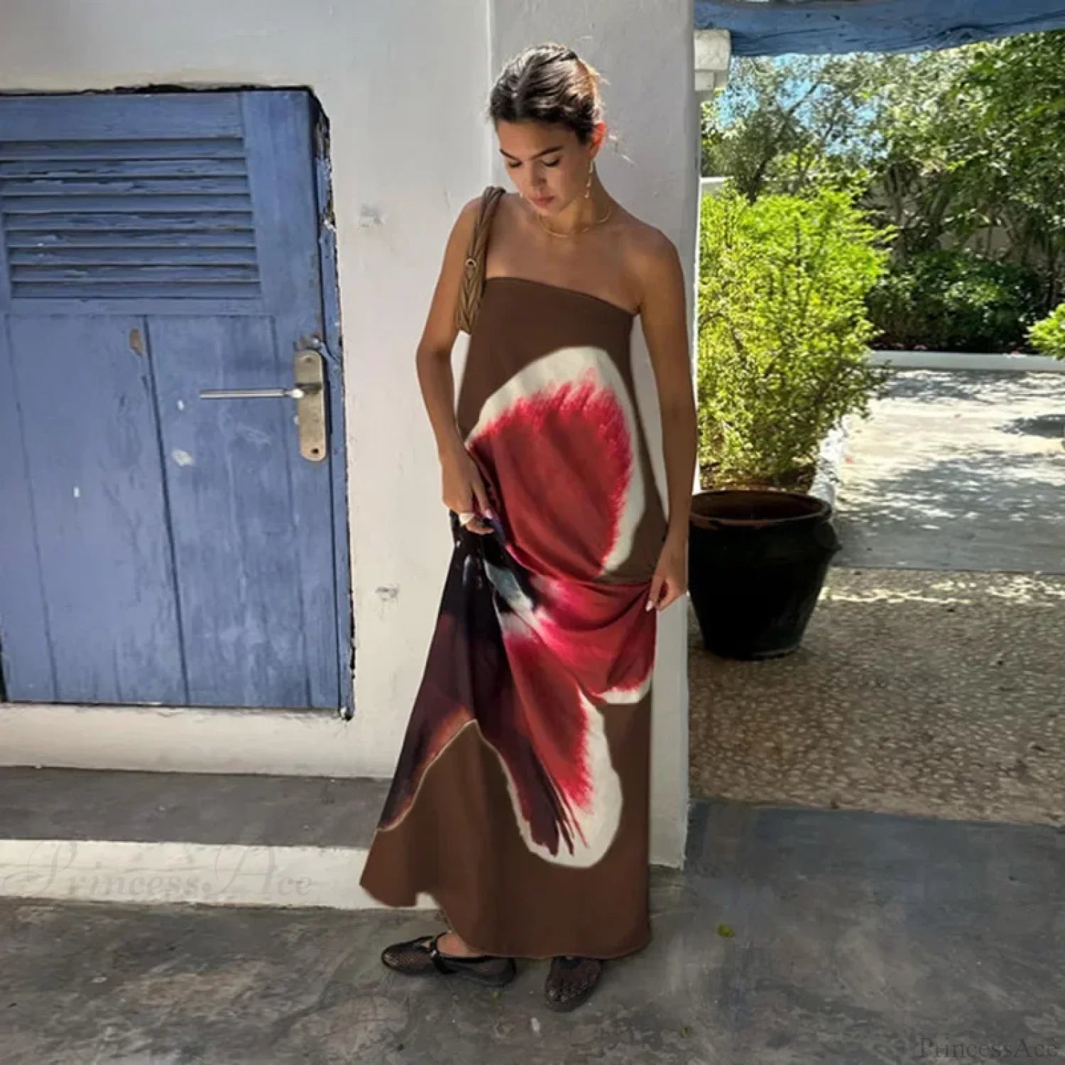 Backless Off-Shoulder Print Floral Dress Brown / S