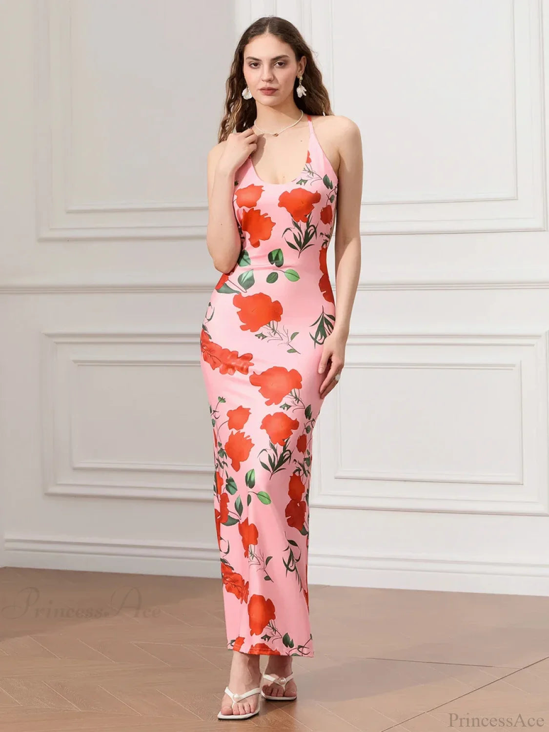 Backless Party Spaghetti Strap U-neck Bodycon Evening Floral Dress floraldress-250126