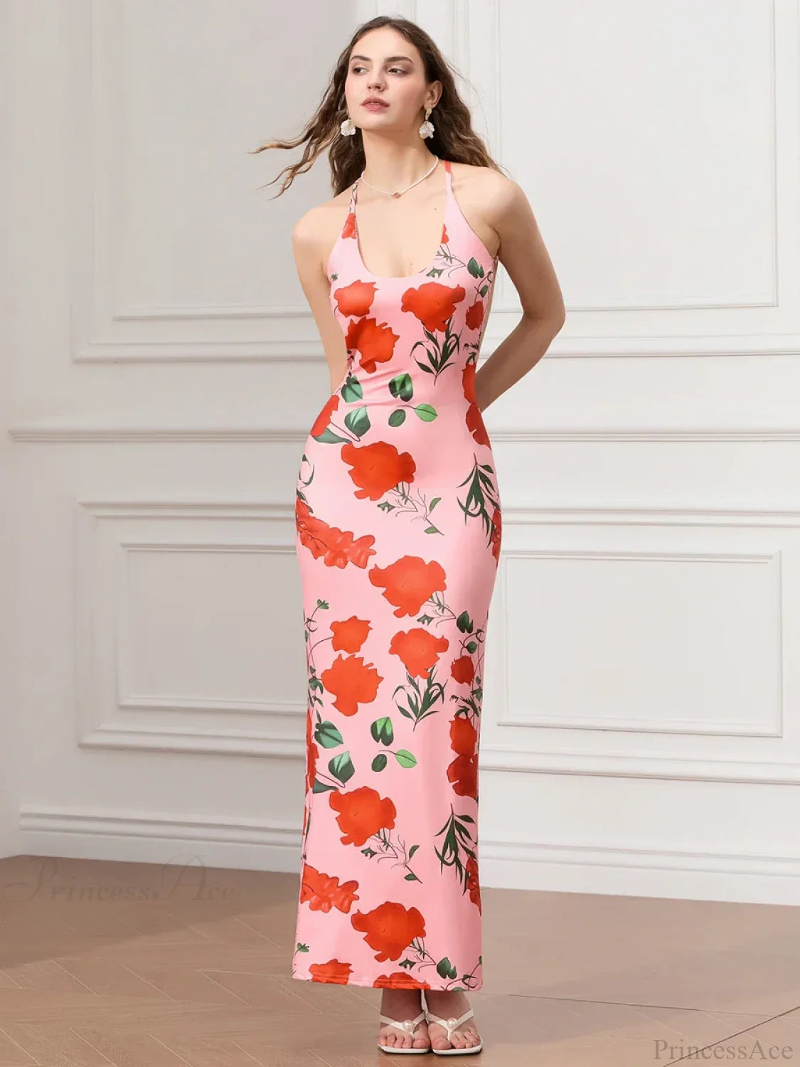 Backless Party Spaghetti Strap U-neck Bodycon Evening Floral Dress RED / S floraldress-250126