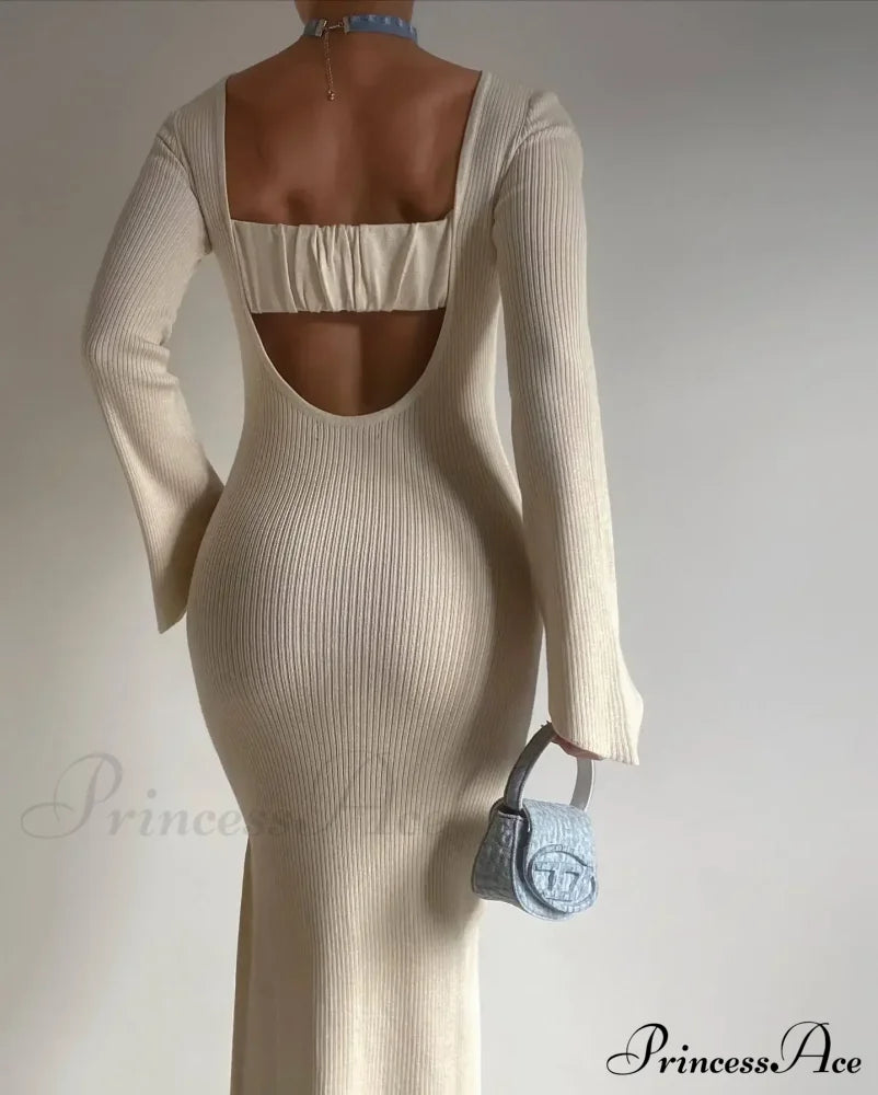 Backless Ribbed Knit Maxi Dress