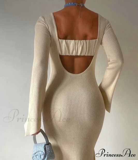 Backless Ribbed Knit Maxi Dress Beige / S