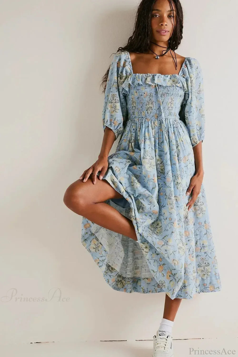 Backless Ruffled Hem Printing Midi Boho Dress Blue / S bohodress-250126