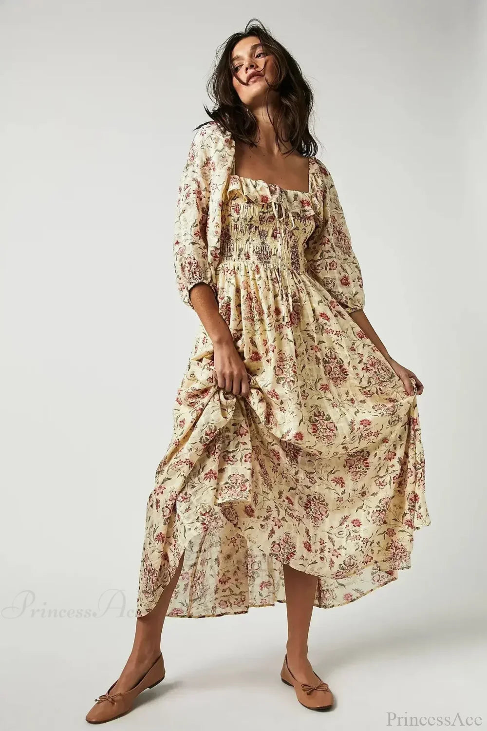 Backless Ruffled Hem Printing Midi Boho Dress bohodress-250126