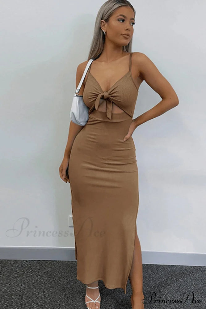 Backless Split Cami Dress With Tie-Front Brown / S Midi Dresses