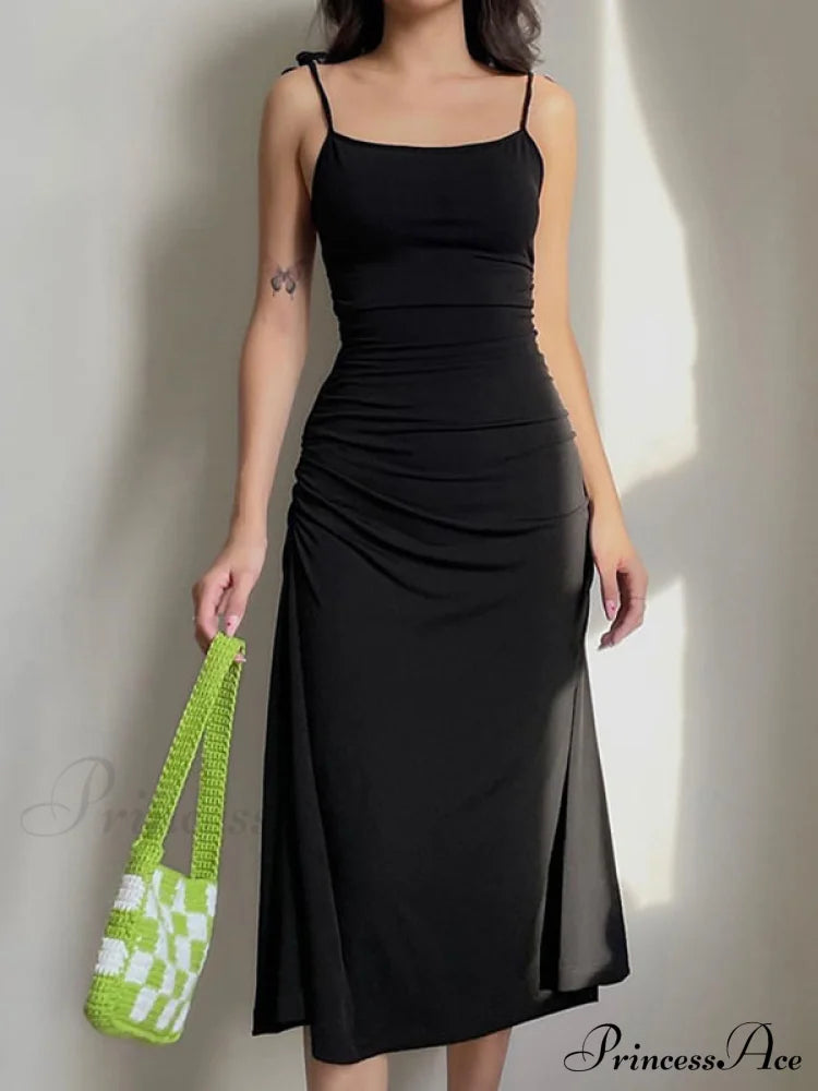 Backless Split One Trendy Shoulder Ribbed Maxi Dress Black / S Dresses