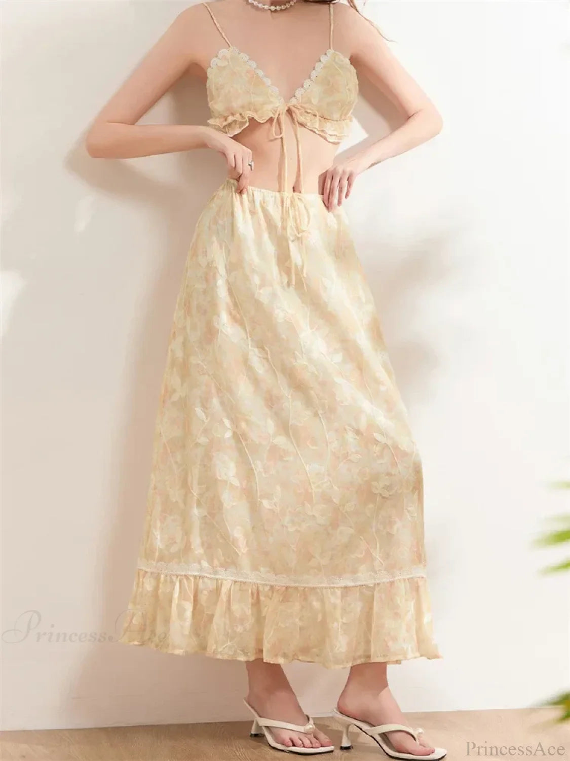 Backless Tie-up Camisoles Crop Top with Long Skirts Set skirt-250126