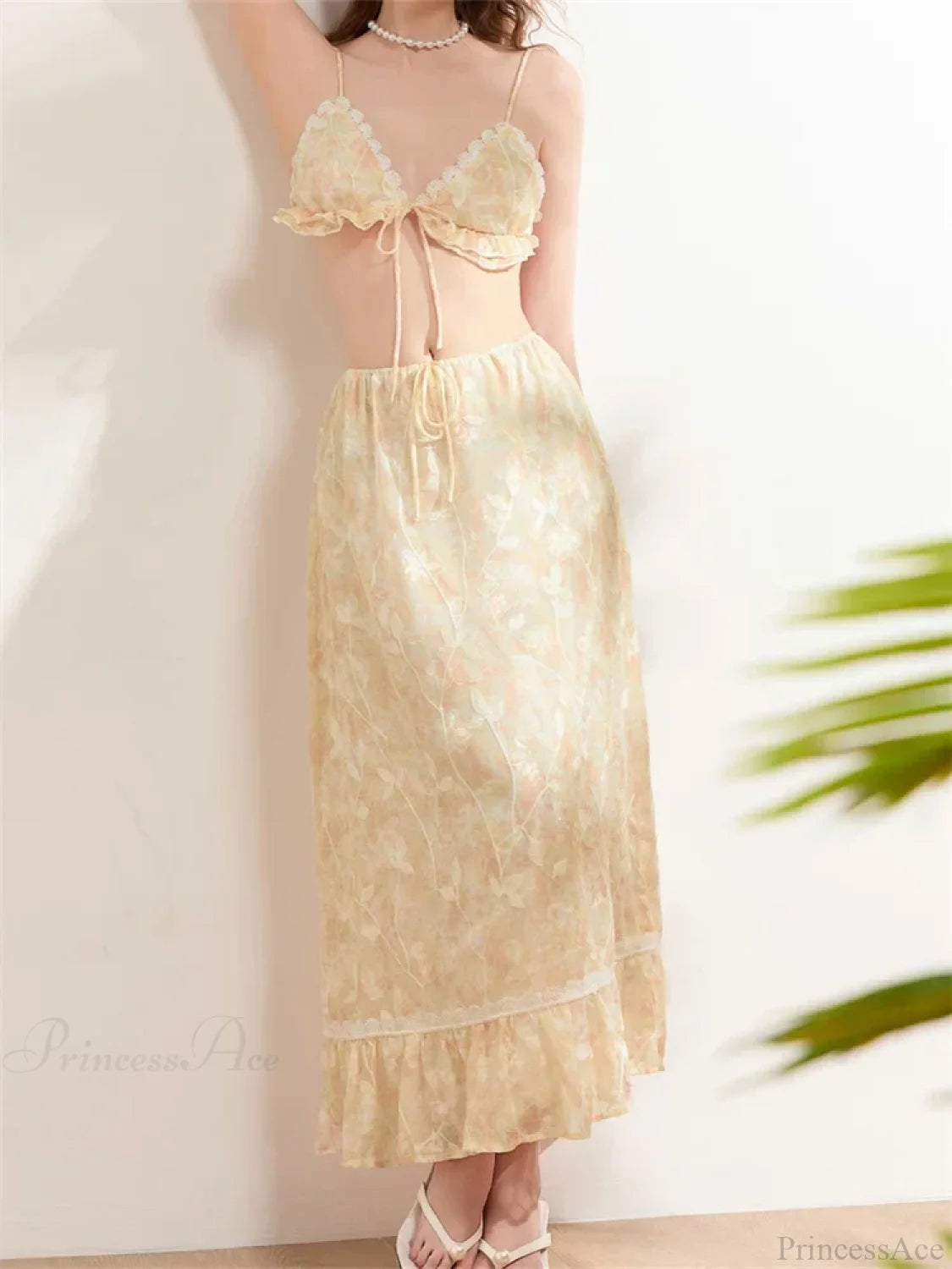 Backless Tie-up Camisoles Crop Top with Long Skirts Set skirt-250126