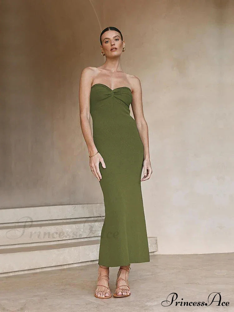 Backless Twist Knitted Fashion Outfits Maxi Dress Army Green / S