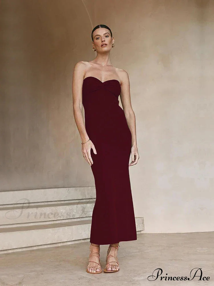 Backless Twist Knitted Fashion Outfits Maxi Dress Burgundy / S