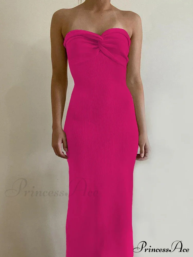 Backless Twist Knitted Fashion Outfits Maxi Dress Pink / S