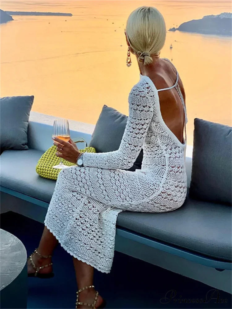 Backless Up Knit Crochet Beach Long Maxi Dress