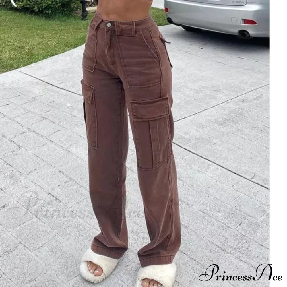 Baggy Jeans 90S Brown Women Vintage Streetwear Brown-Pockets / S Straight