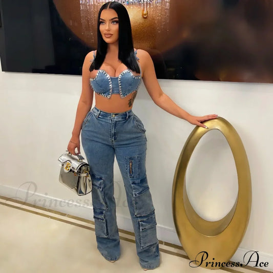 Baggy Pocket Denim Wide Leg High Waist Cargo Y2K Streetwear Fashion 2024 Summer Clothes Jean Blue /