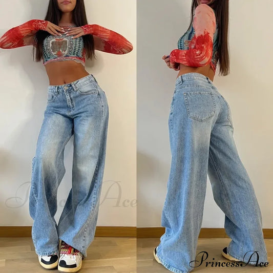 Baggy Straight Autumn Y2K Korean Fashion Streetwear High Waist Casual Denim Fashionable Jean Blue /