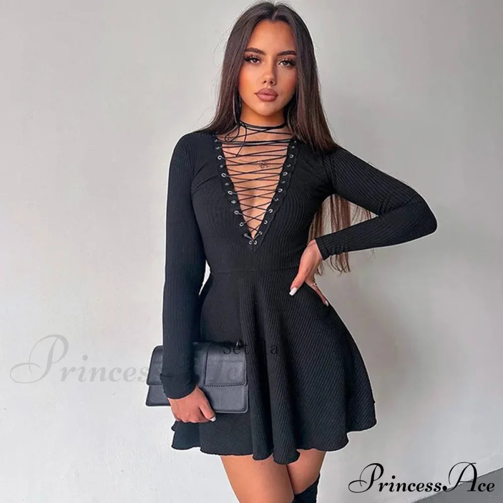 Bandage A-Line Lace Up Long Sleeve Mini Dress