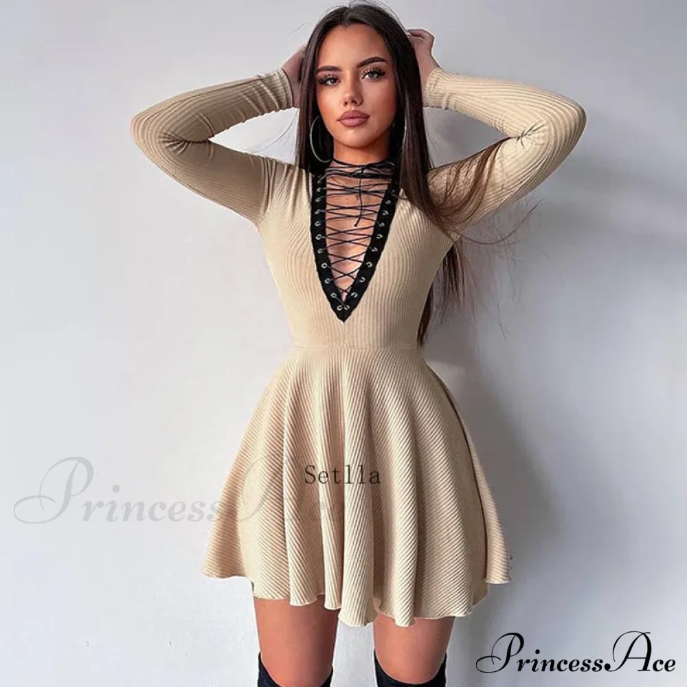 Bandage A-Line Lace Up Long Sleeve Mini Dress Apricot / S