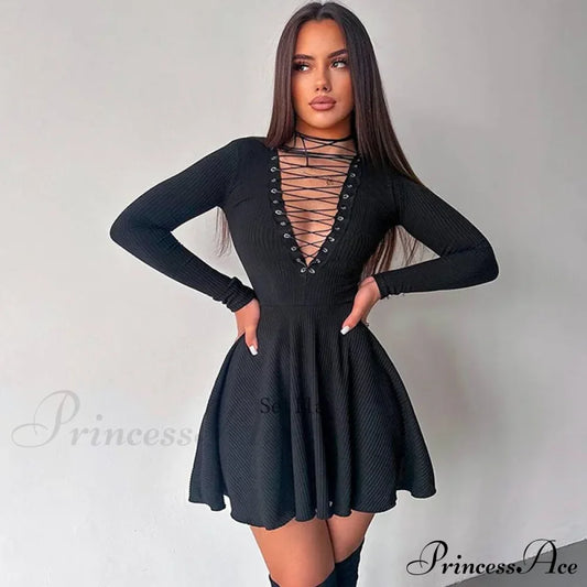 Bandage A-Line Lace Up Long Sleeve Mini Dress Black / S