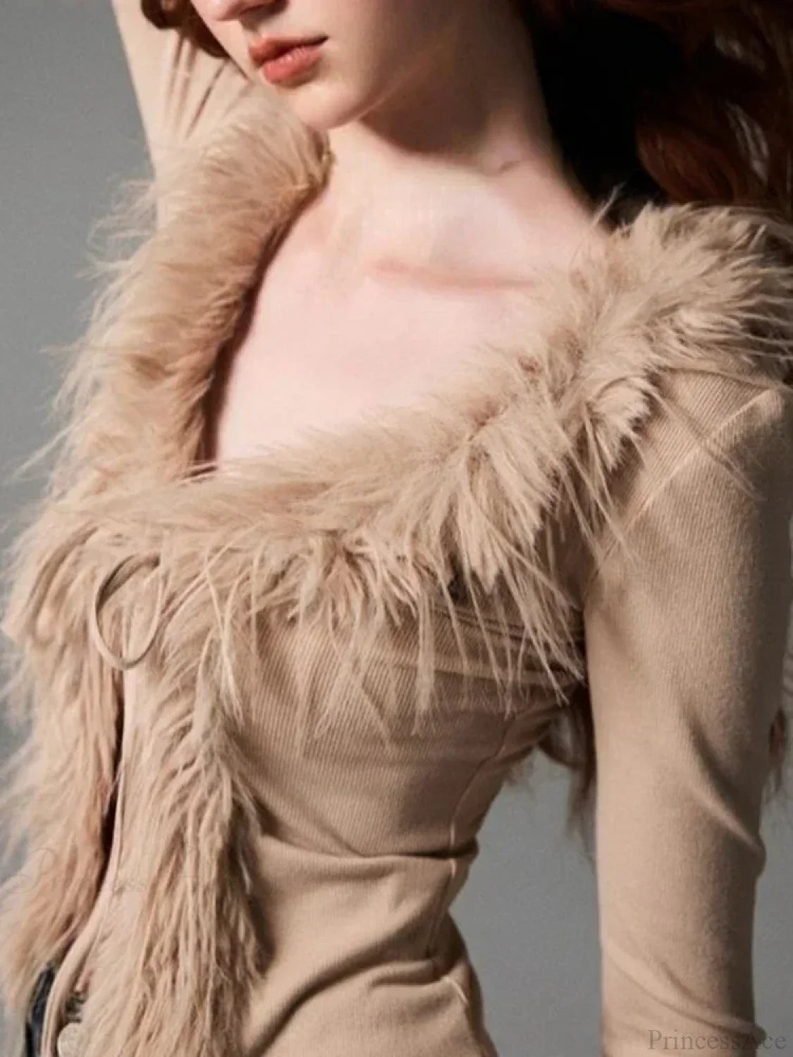 Bandage Fur Patchwork V-Neck Cardigan Khaki / XS