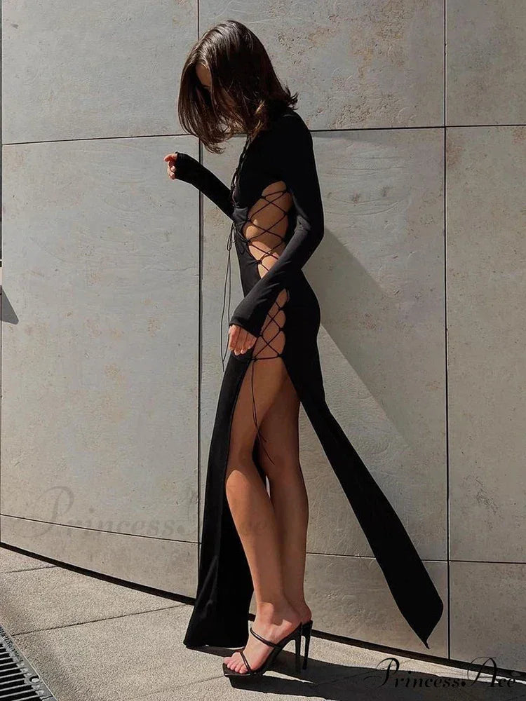 Bandage Lace Up Sexy Slit Fashion Party Club Long Sleeve Midi Dress