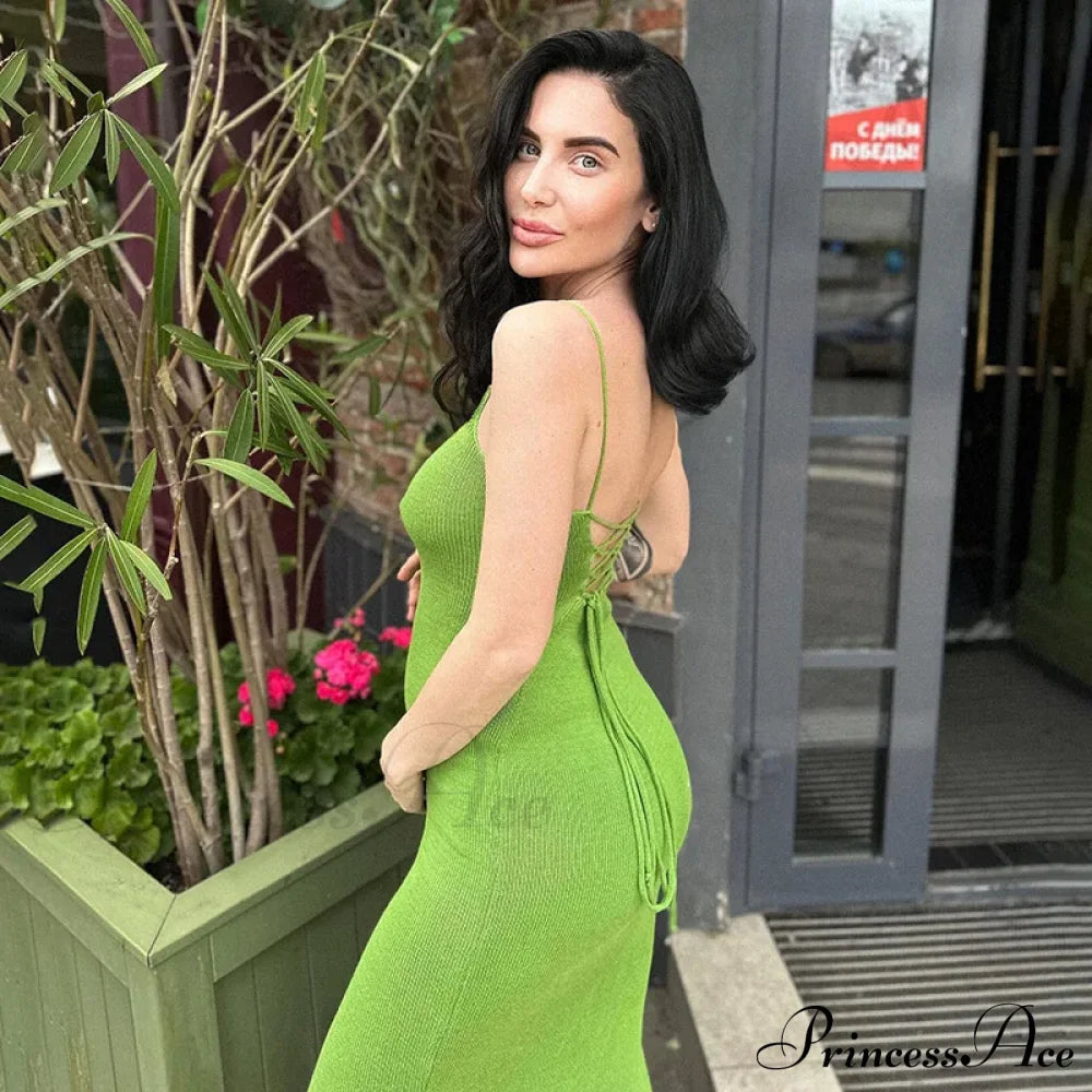 Bandage Sexy Backless Knit Maxi Dress Green / S