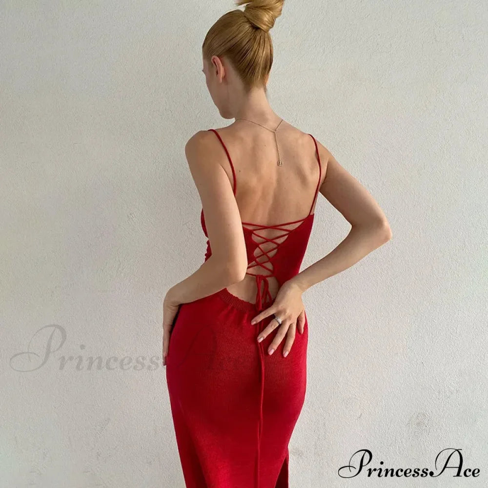 Bandage Sexy Backless Knit Maxi Dress Red / S