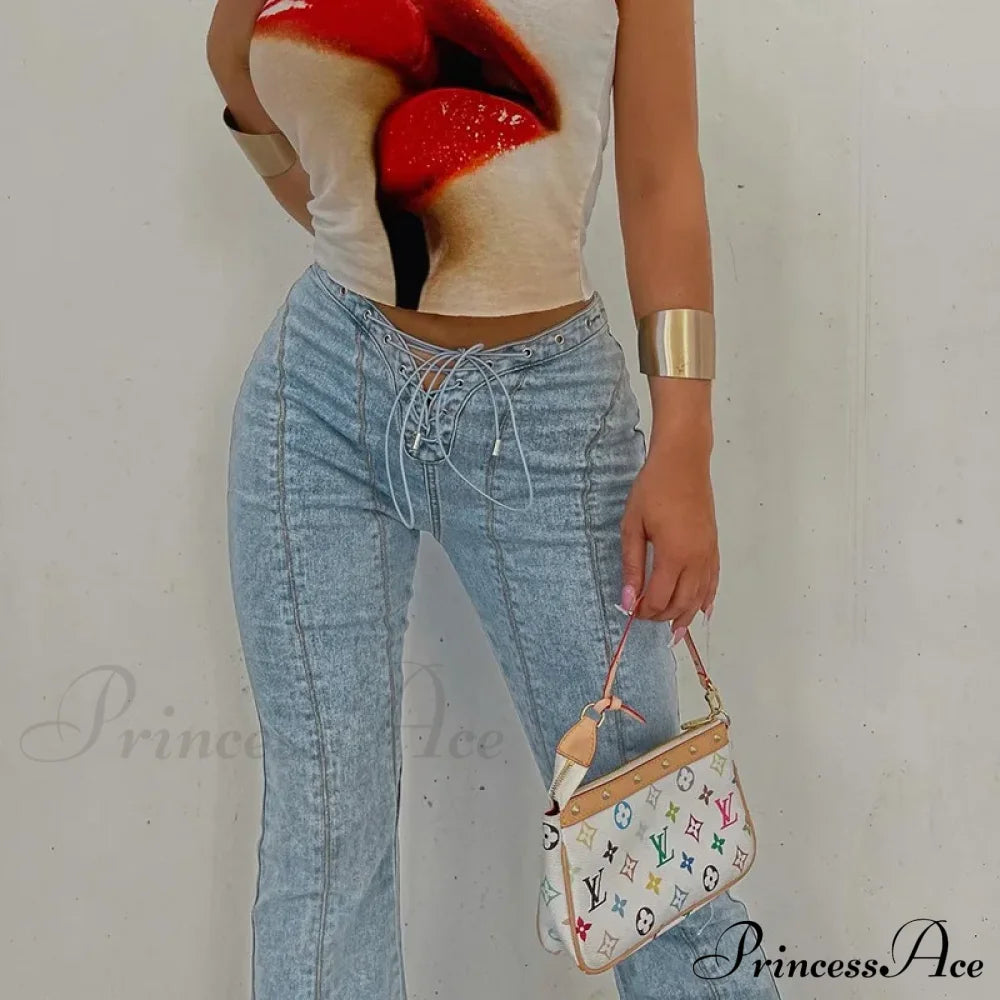 Bandage Skinny Flared High Waist Open Split Vintage Bottoms 2024 Autumn Fashion Y2K Streetwear Jean