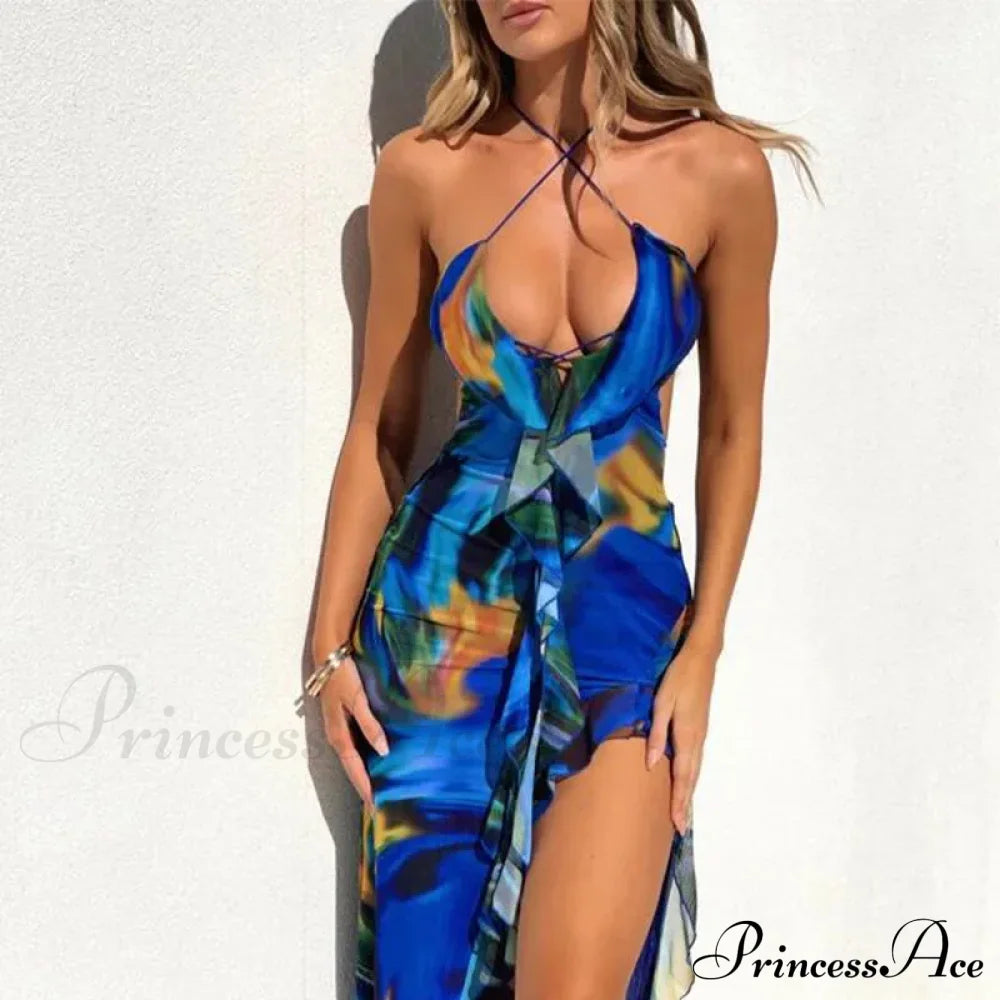 Bandage Slit Ruffle Plunge V-Neck Elegant For Women’s Club Party Print Sunsummer Midi Dress