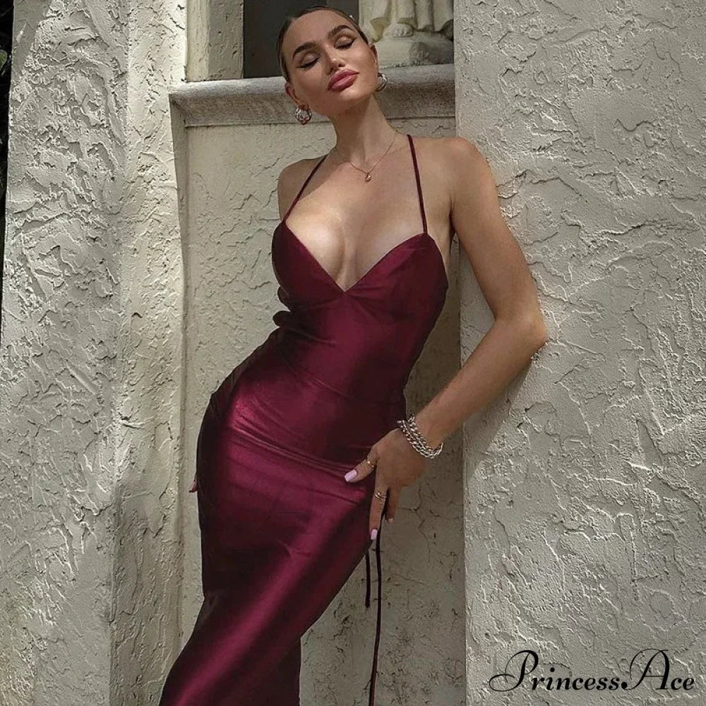 Bandage Spaghetti Strap Maxi Dress Red / S