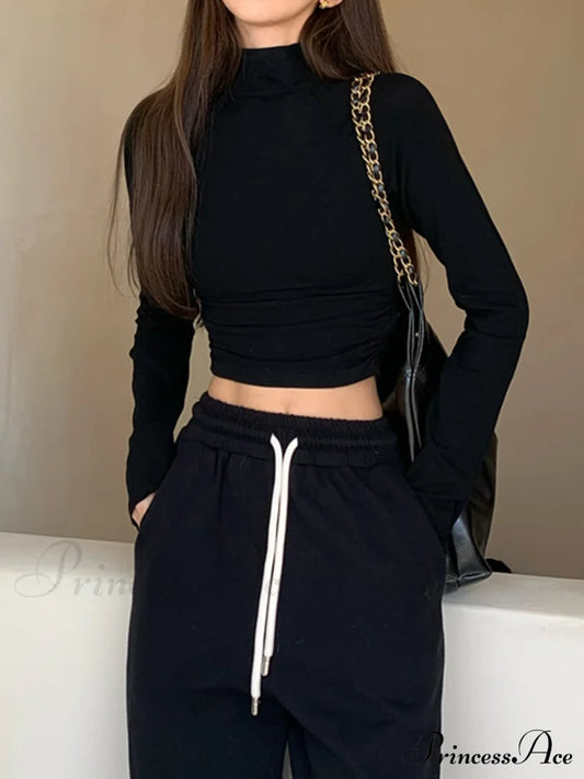 Basic Long Graceful Sleeve Crop Shirt Black / S T-Shirts