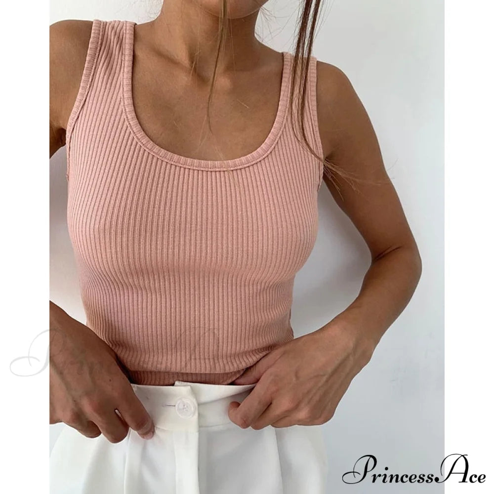 Basic Ribbed Knitted Tank Top Pink / Xs