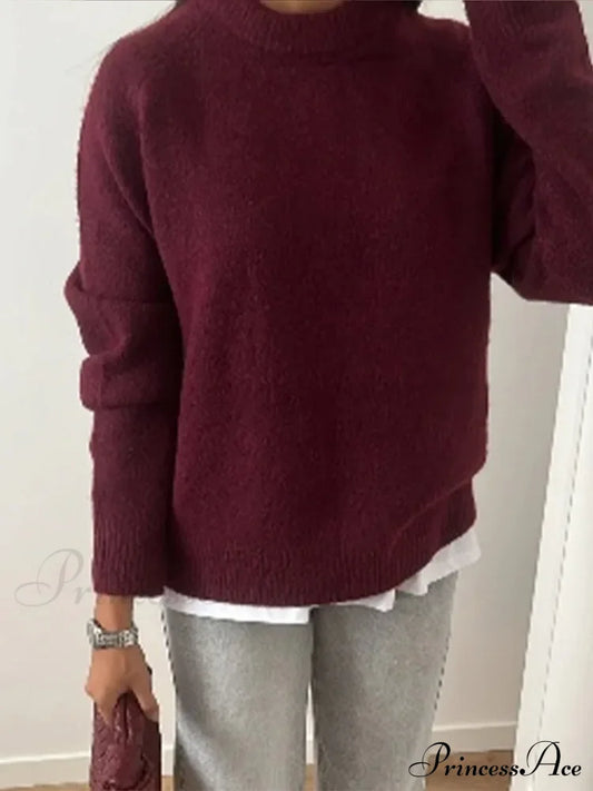 Basic Round Neck Casual Knitted Long Sleeved Loose Christmas Sweater Sweaters-L