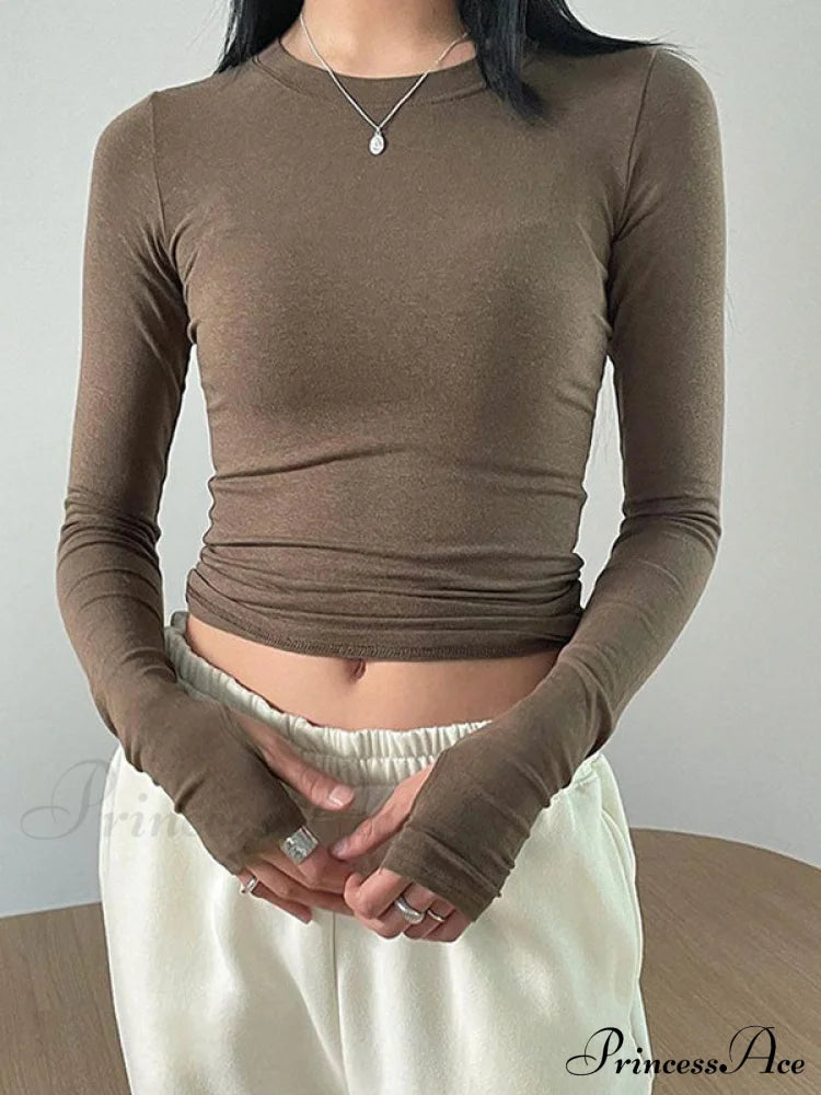 Basic Solid Graceful Crop Top Brown / S Long Sleeves