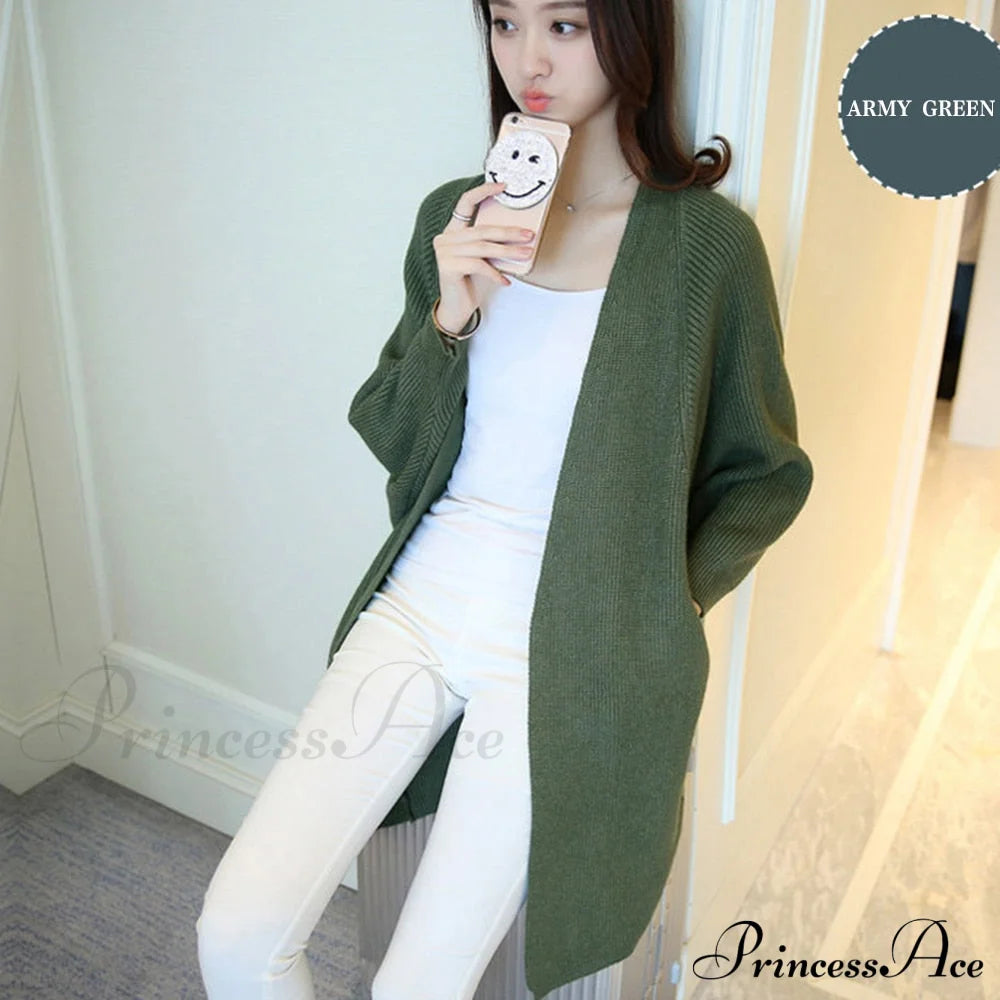 Bat Sleeve Knitted Plus Size Jacket Loose Ladies Sweaters Cardigans Army Green / One