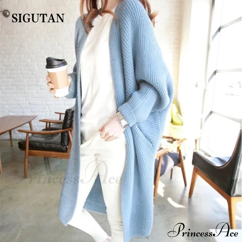 Bat Sleeve Knitted Plus Size Jacket Loose Ladies Sweaters Cardigans Blue / One